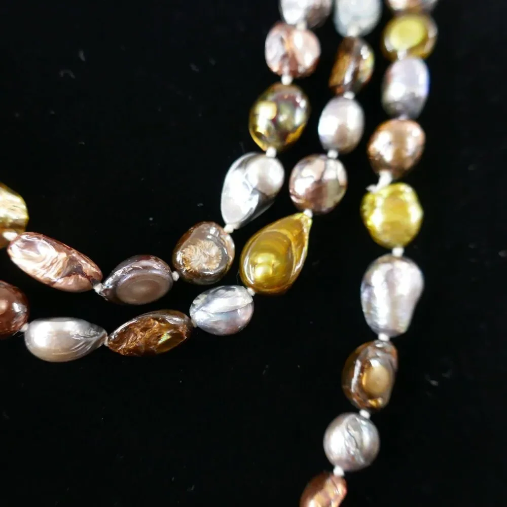 Multi-Colored Imitation Keshi Pearl Strand Necklace Mixed Metallics 60 Inch